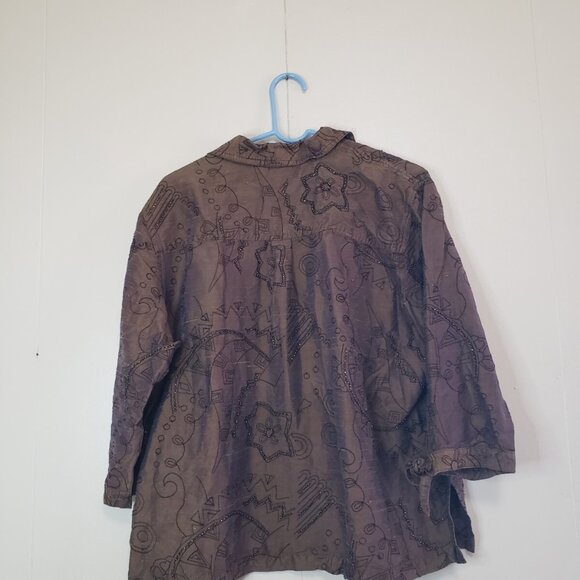 Vtg Bleu Bayou Women XL Blouse 100% Silk Brown Abstract Embroidered Beads Casual - Picture 2 of 5